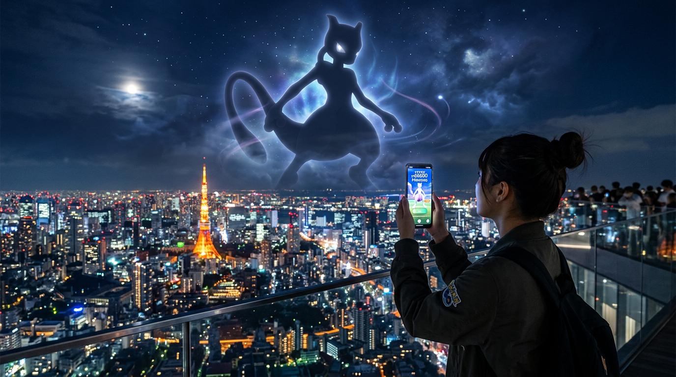 東京の夜景とミュウツーのシルエット、ポケモンGOをプレイする女性
