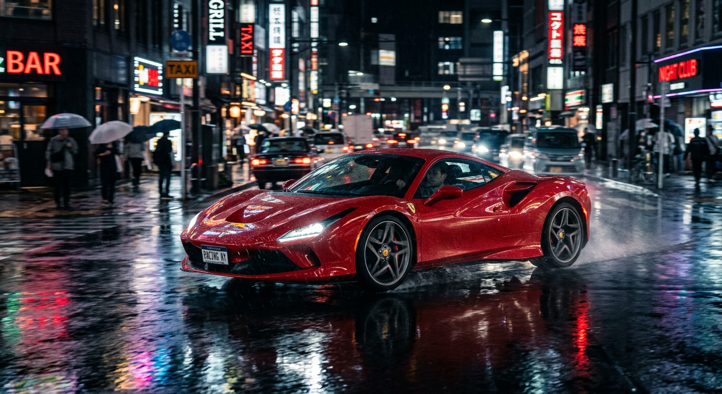 雨の夜の街を走る赤いフェラーリスポーツカー