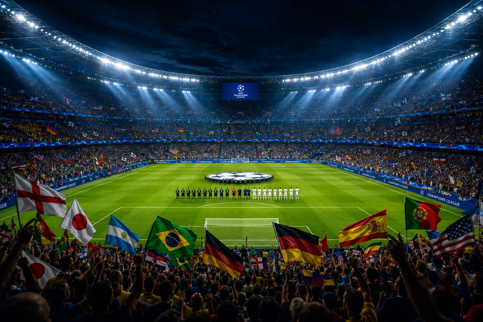 夜のサッカースタジアムに照らされたピッチ、決勝トーナメントの熱気に包まれた観客席と各国の旗