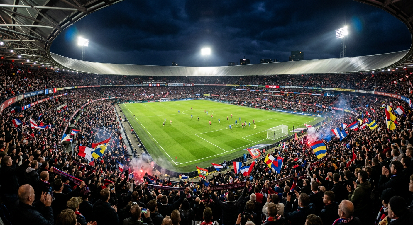 夜のサッカースタジアムに集まった大勢のサポーターと各国の旗